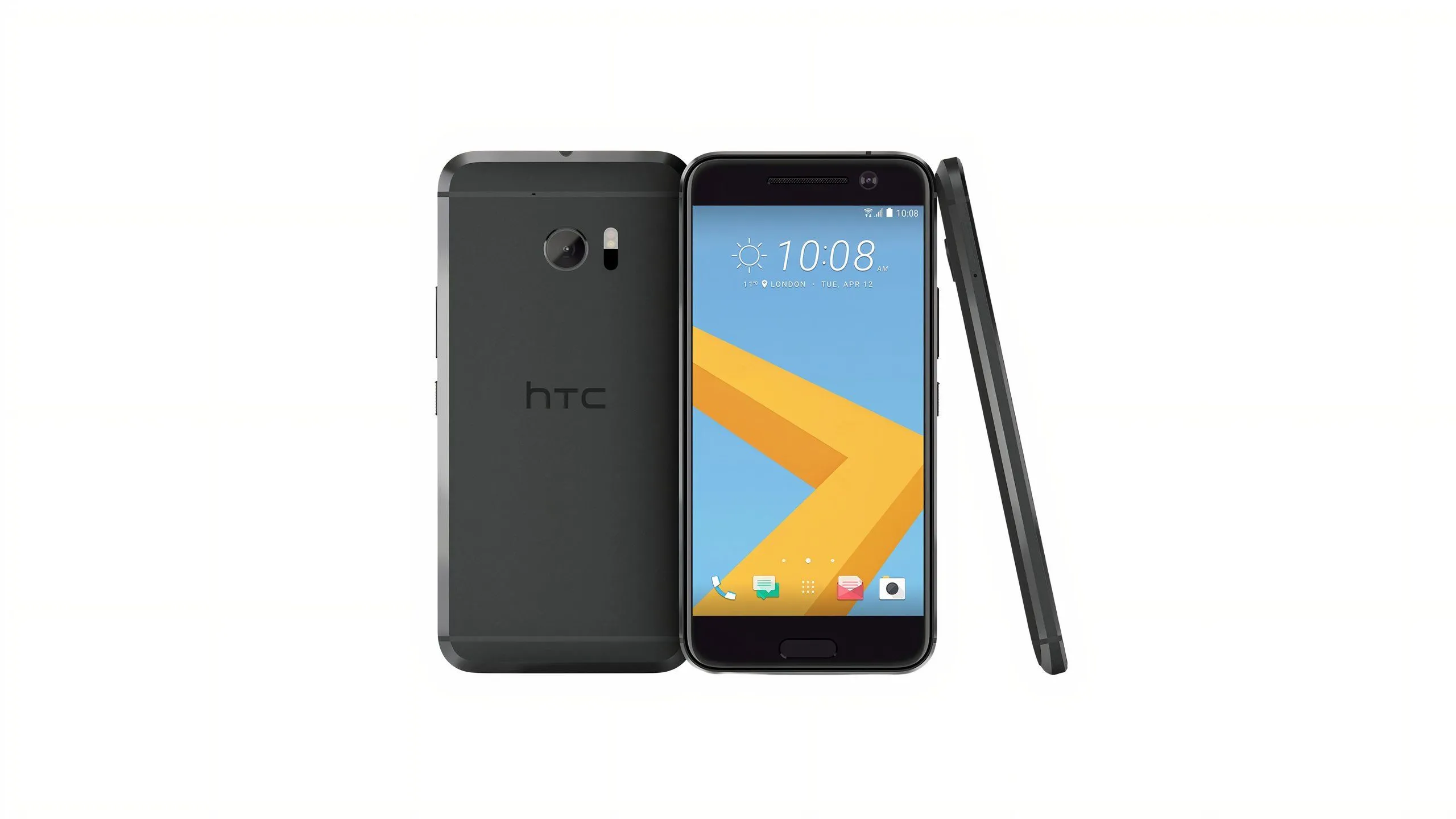 Điện thoại HTC 10 màu bạc với cạnh vát đặc trưng trên nền tối