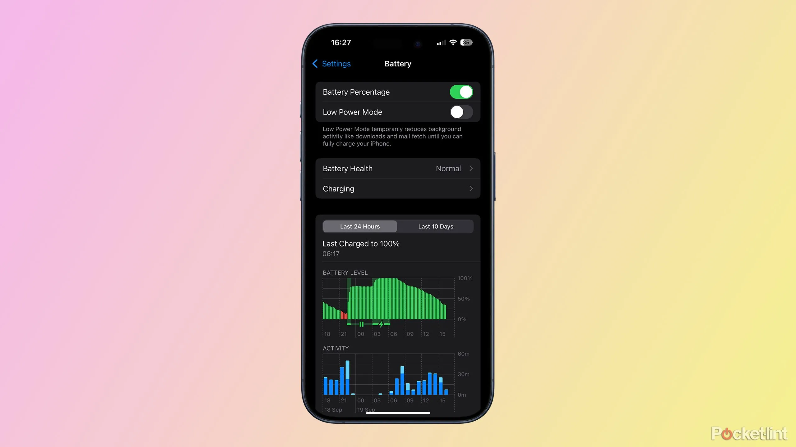 Giao diện cài đặt Pin trên iOS 18, minh họa tính năng Sạc pin được tối ưu hóa
