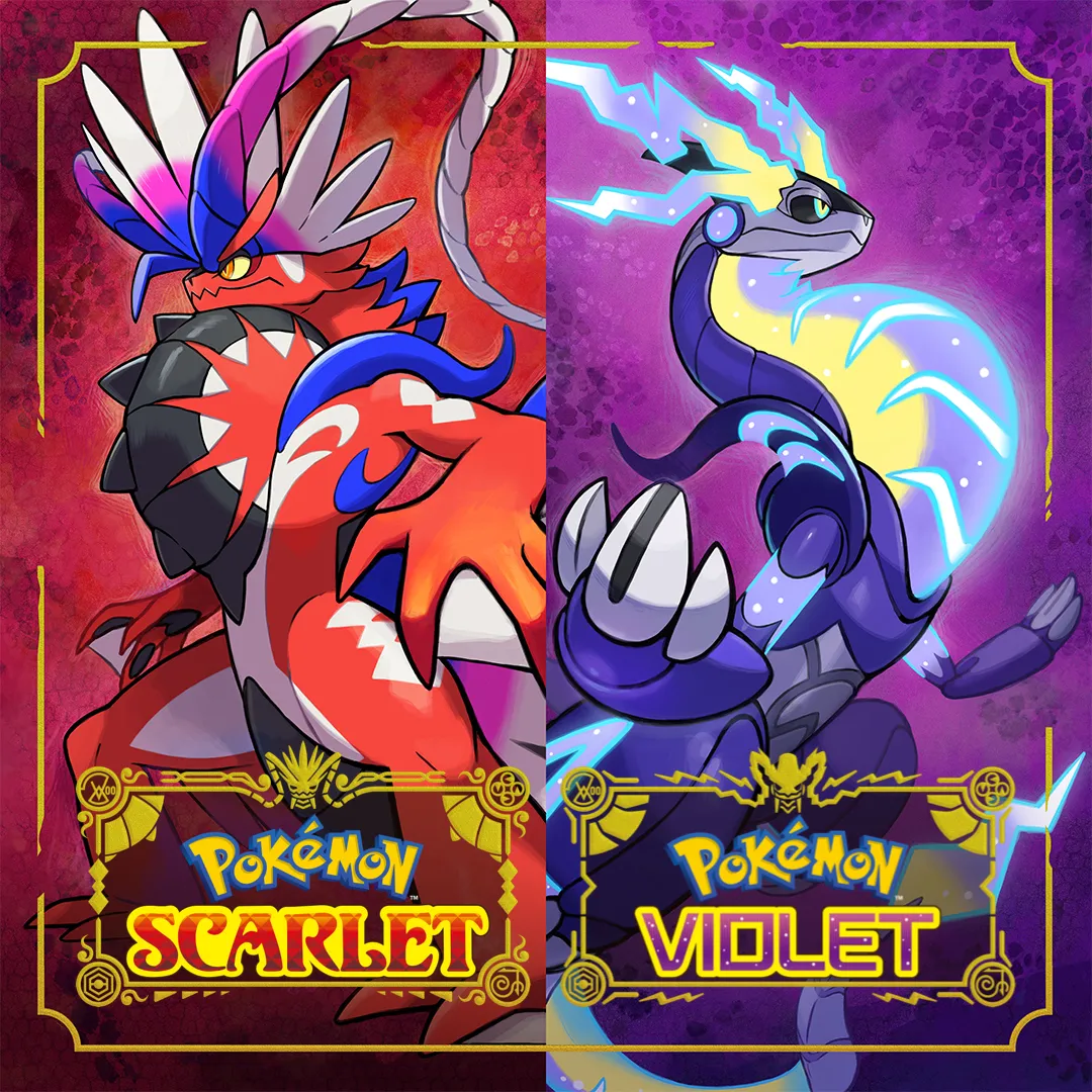 Hình ảnh sản phẩm của Pokemon Scarlet và Violet, với Koraidon và Miraidon xuất hiện bên trái và phải