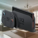 Máy chơi game Nintendo Switch 2 đặt trong dock cùng hai tay cầm Joy-Con 2 gắn vào tay cầm, trên nền phòng khách