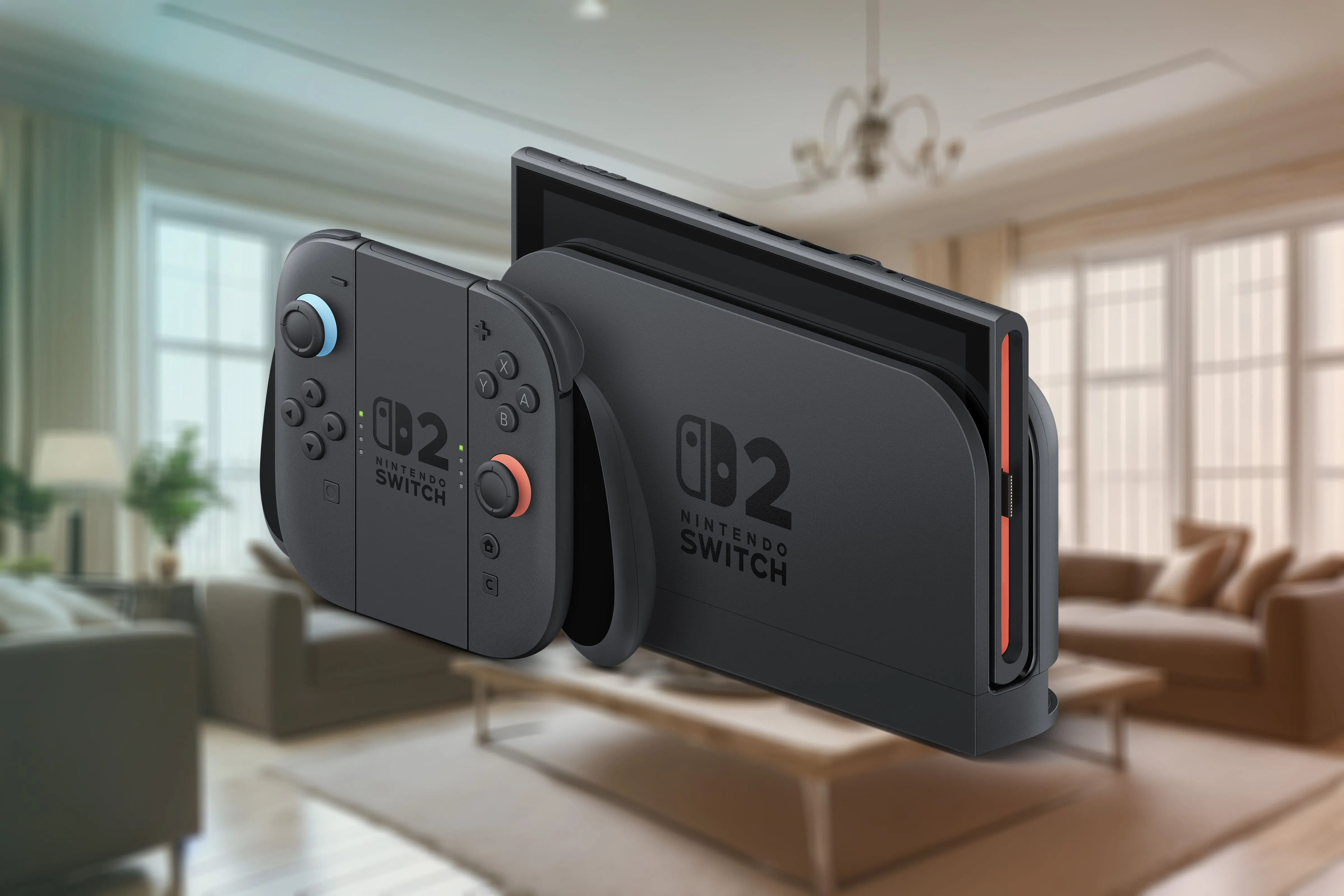 Máy chơi game Nintendo Switch 2 đặt trong dock cùng hai tay cầm Joy-Con 2 gắn vào tay cầm, trên nền phòng khách