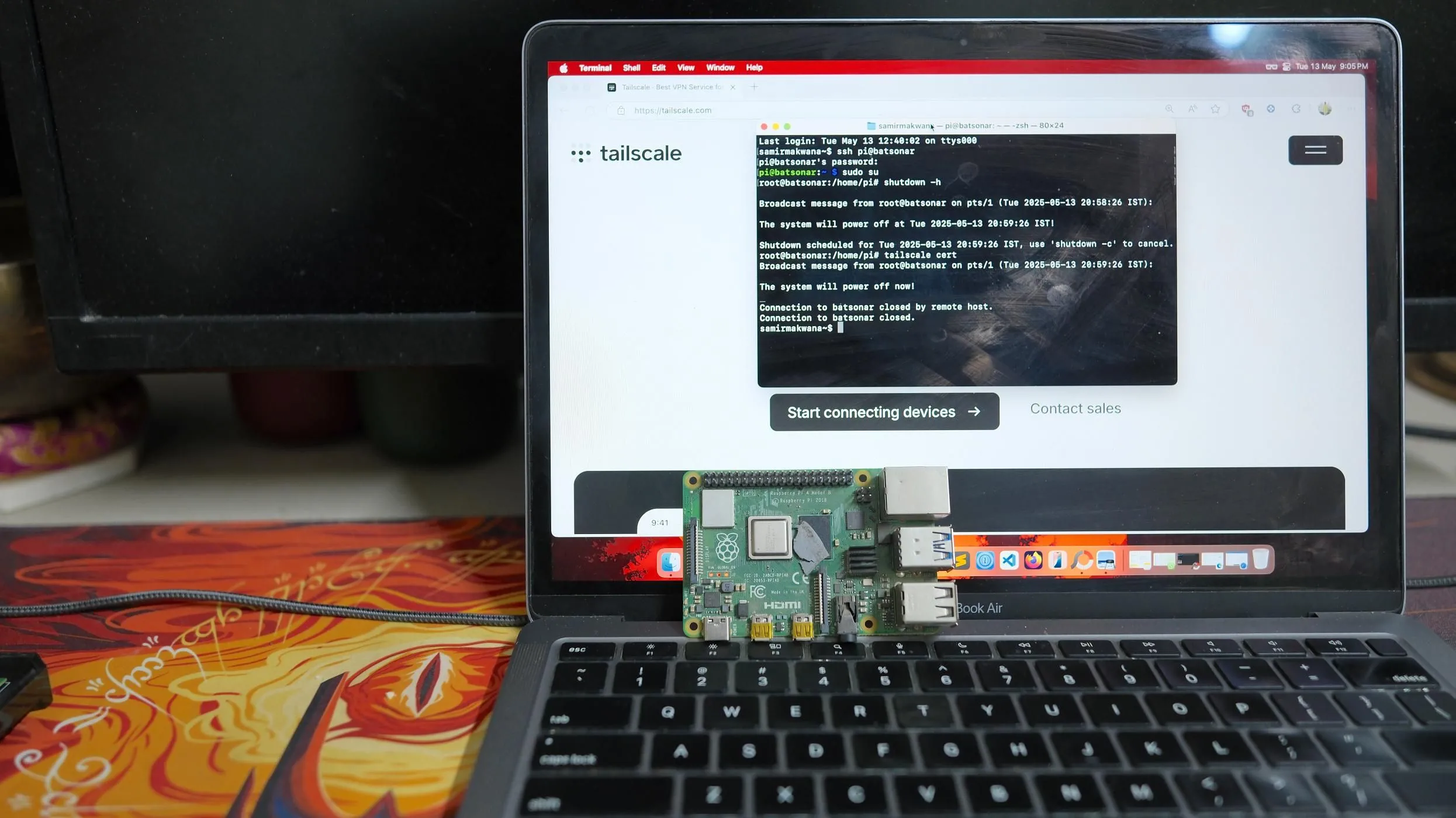 Máy tính hiển thị giao diện Tailscale kết nối với Raspberry Pi trong môi trường home lab