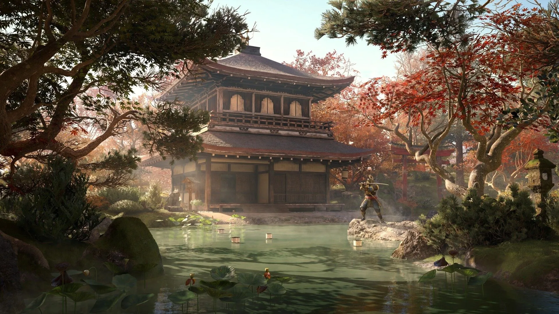 Nhân vật Naoe di chuyển trên mái nhà, thể hiện bối cảnh Nhật Bản thời phong kiến trong Assassin's Creed Shadows