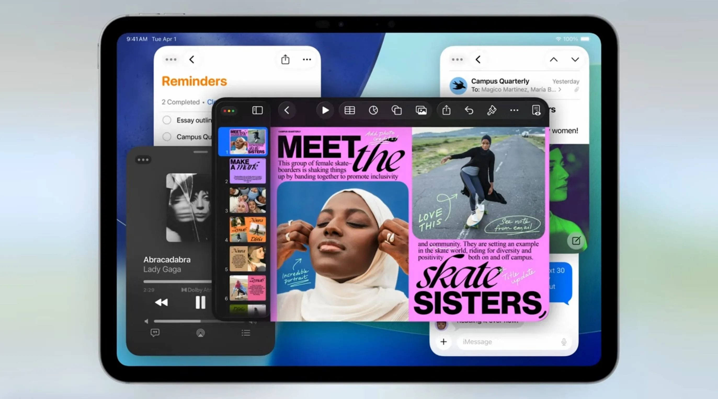 Trải nghiệm hệ thống cửa sổ mới trên iPadOS 26, hiển thị các ứng dụng được thay đổi kích thước và sắp xếp