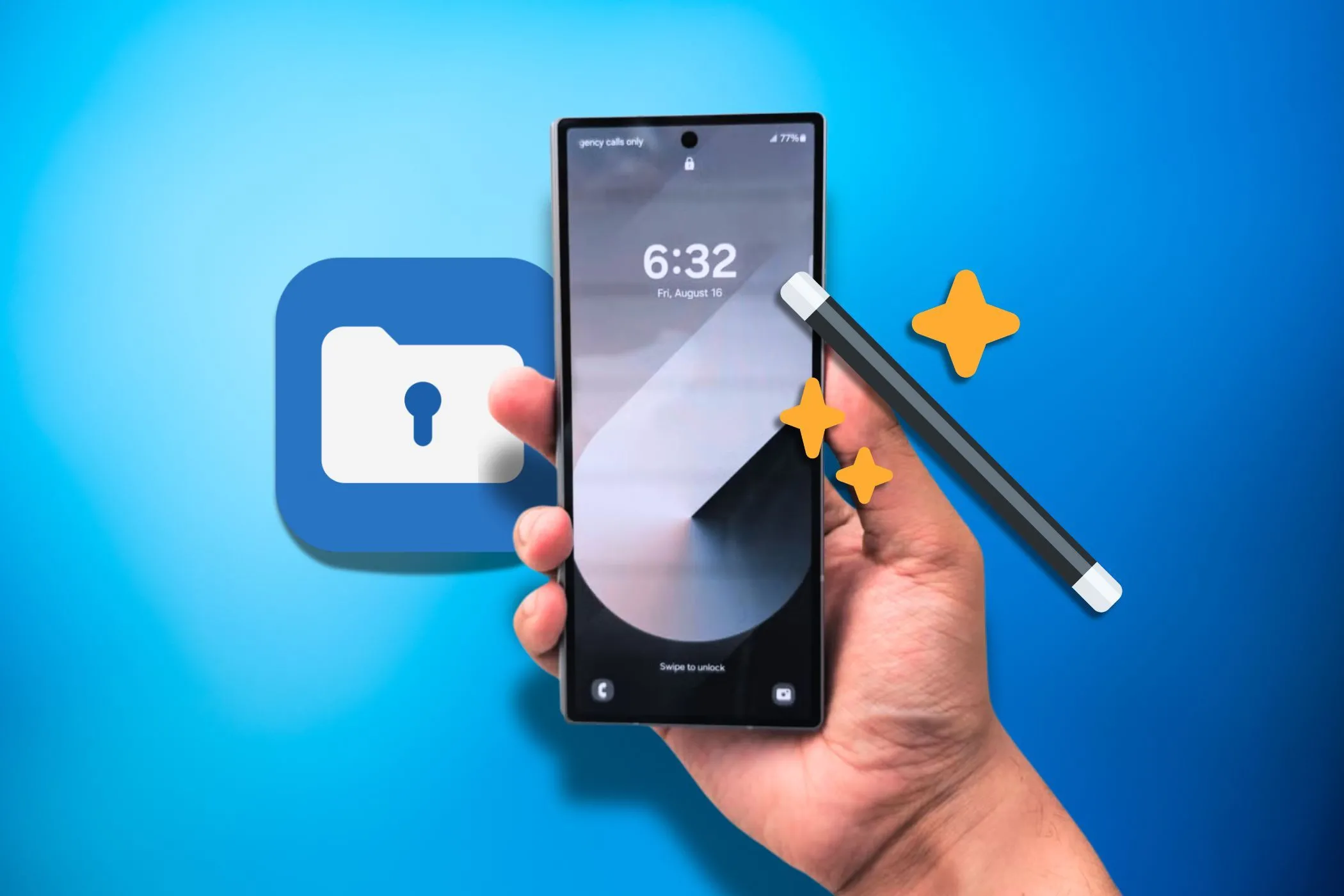 Ảnh minh họa tay cầm điện thoại Samsung với biểu tượng Thư mục bảo mật và tùy chọn tự động tạo story trong cài đặt Gallery