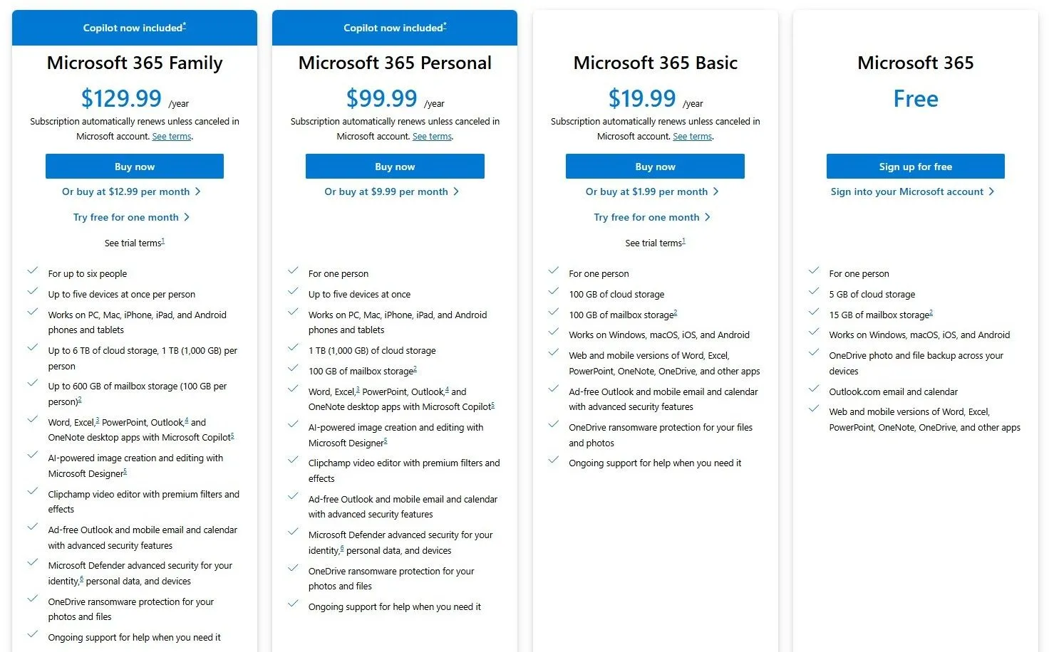 Bảng giá các gói đăng ký Microsoft 365 Personal và Family, bao gồm dung lượng lưu trữ OneDrive 1TB