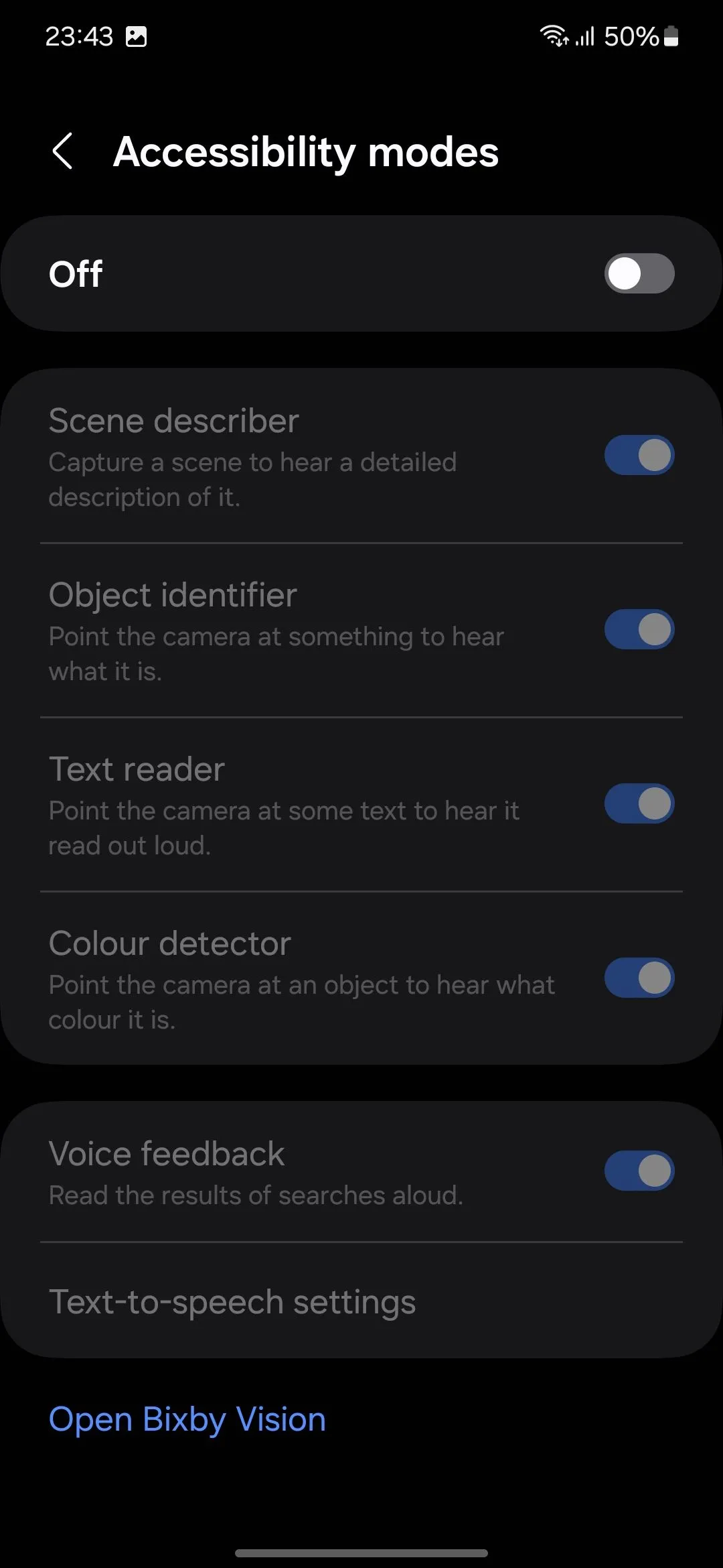 Cài đặt trợ năng Bixby Vision đã được bật
