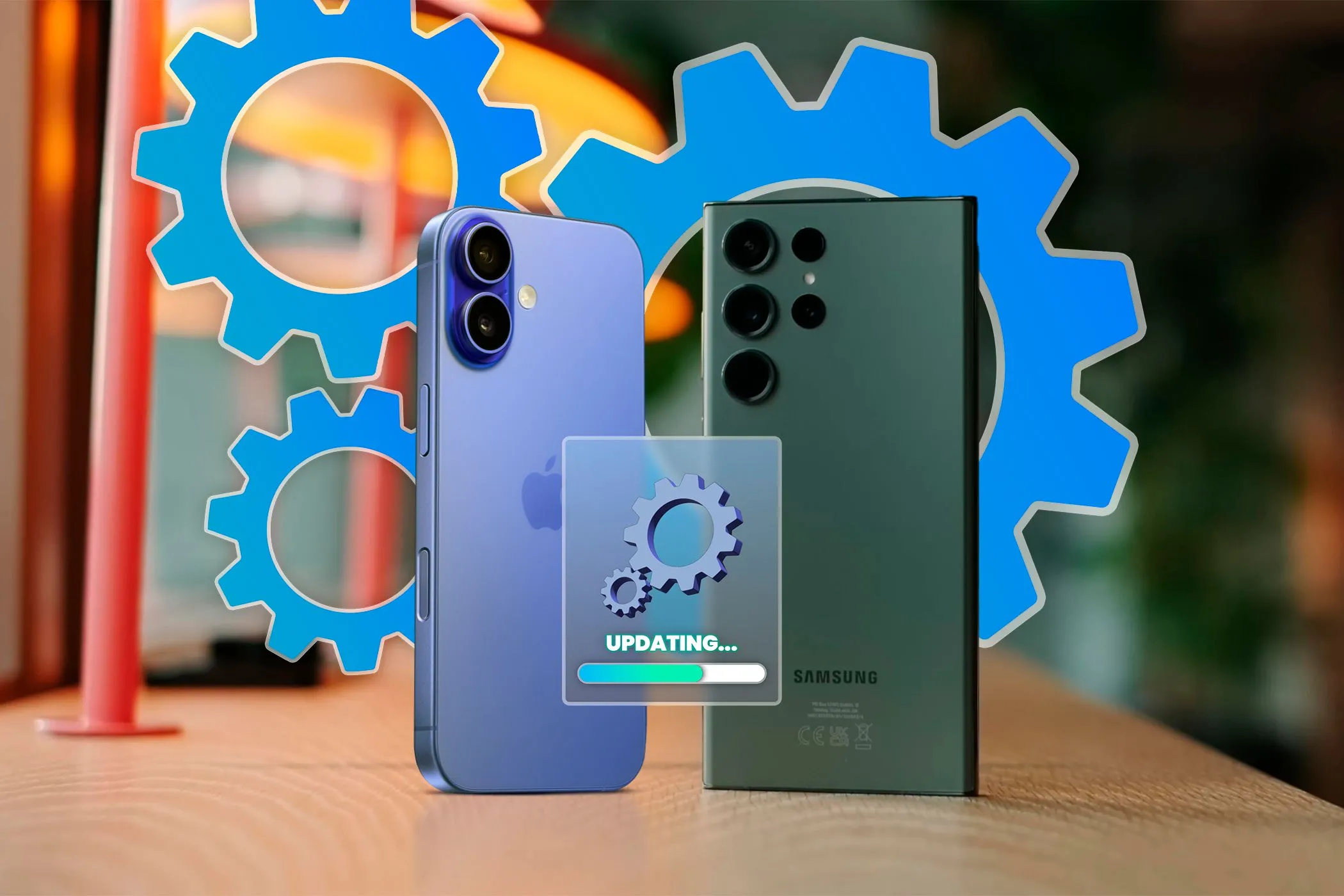 Điện thoại iPhone và Samsung Galaxy, biểu tượng cập nhật nền và bánh răng tượng trưng cho các tác vụ ngốn dữ liệu.