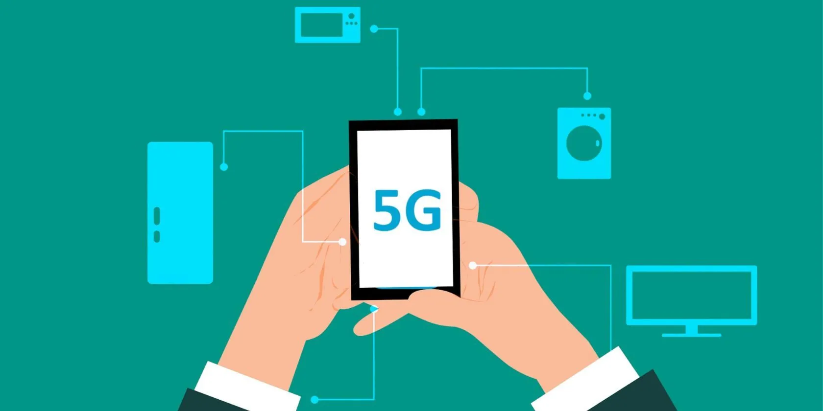 Đồ họa kỹ thuật số thể hiện người dùng đang sử dụng 5G trên điện thoại với nhiều điểm kết nối, biểu thị tốc độ mạng di động cao.