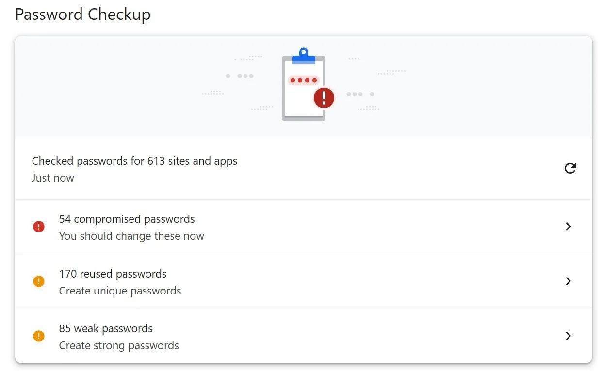 Giao diện công cụ kiểm tra mật khẩu trong Google Password Manager, hiển thị các mật khẩu bị xâm phạm hoặc yếu.
