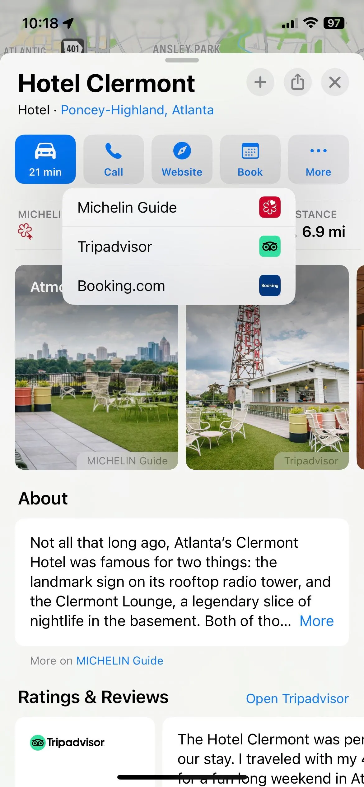 Giao diện đặt phòng khách sạn trực tiếp qua Michelin Guide trong Apple Maps.
