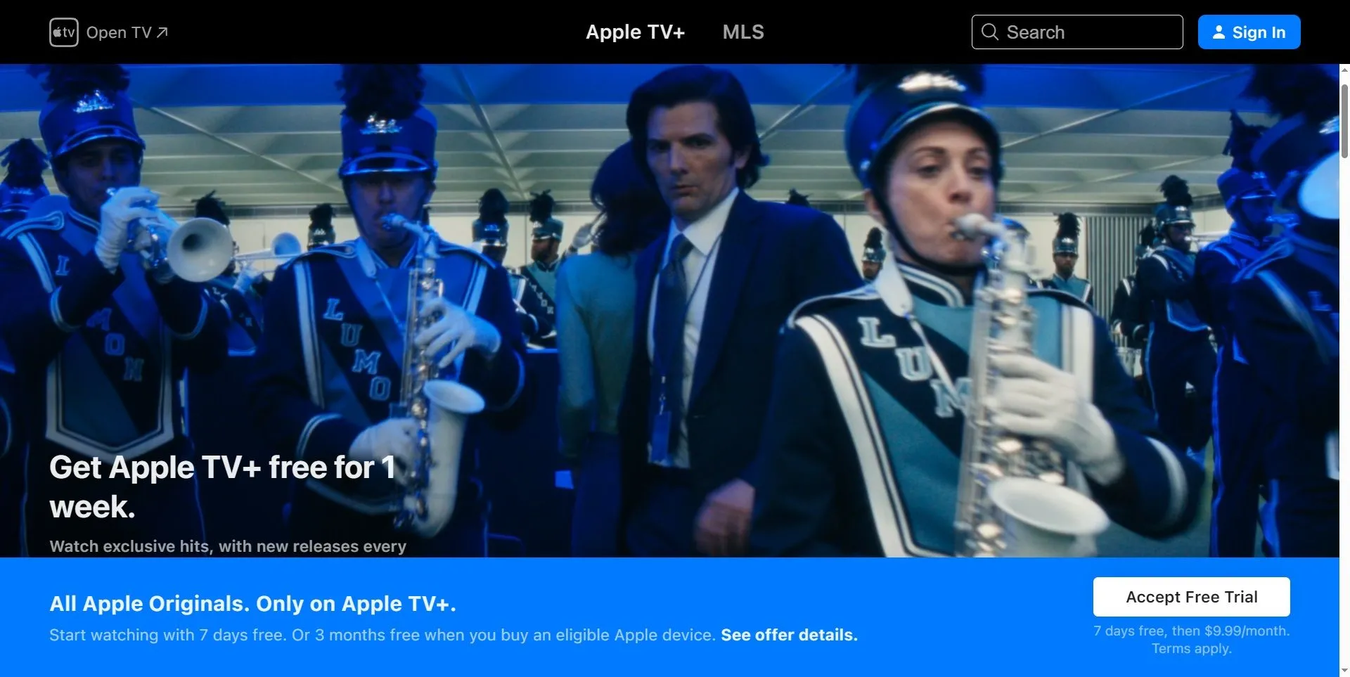Giao diện trang chủ Apple TV+ với các chương trình và phim nổi bật.