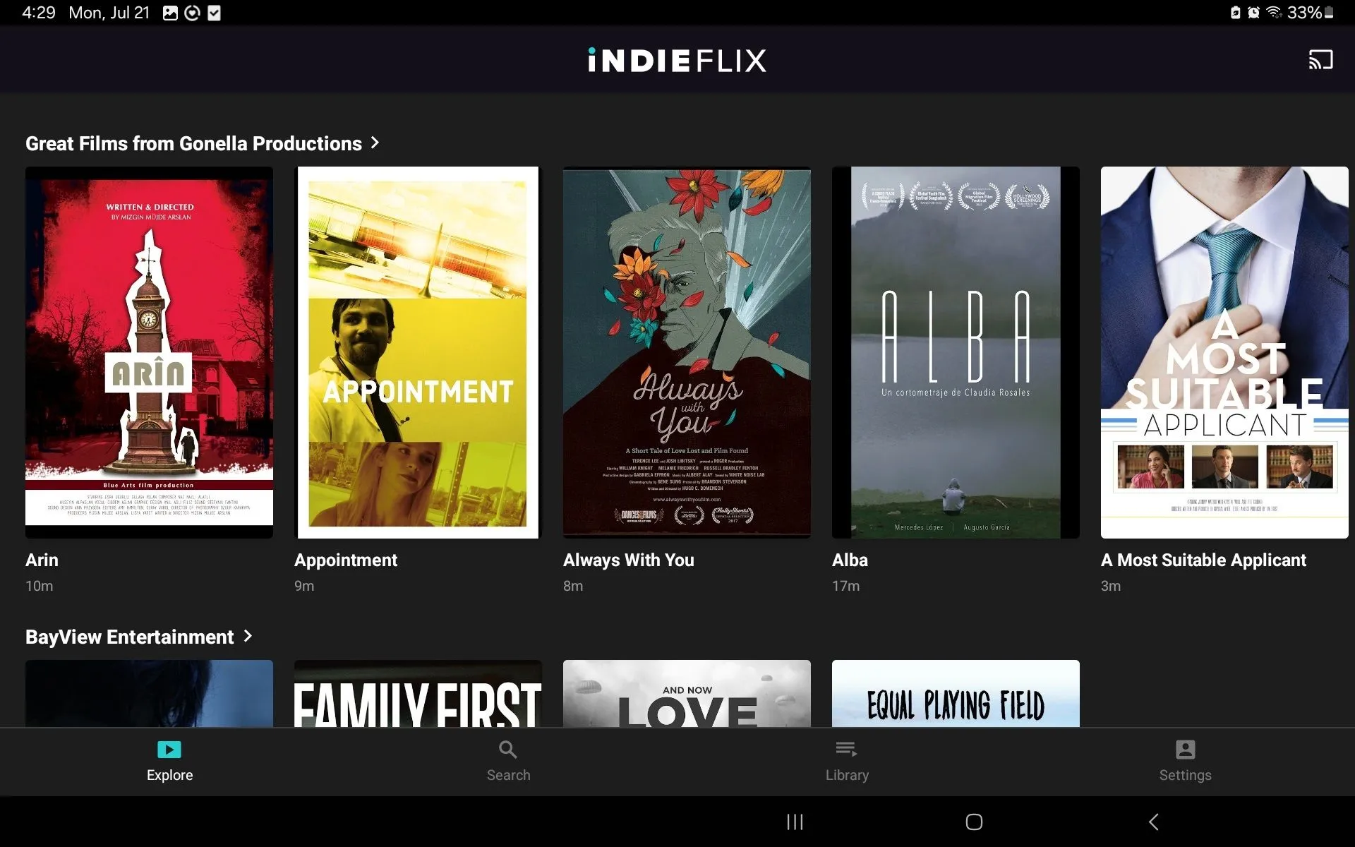Hai hàng phim có sẵn để xem trên IndieFlix