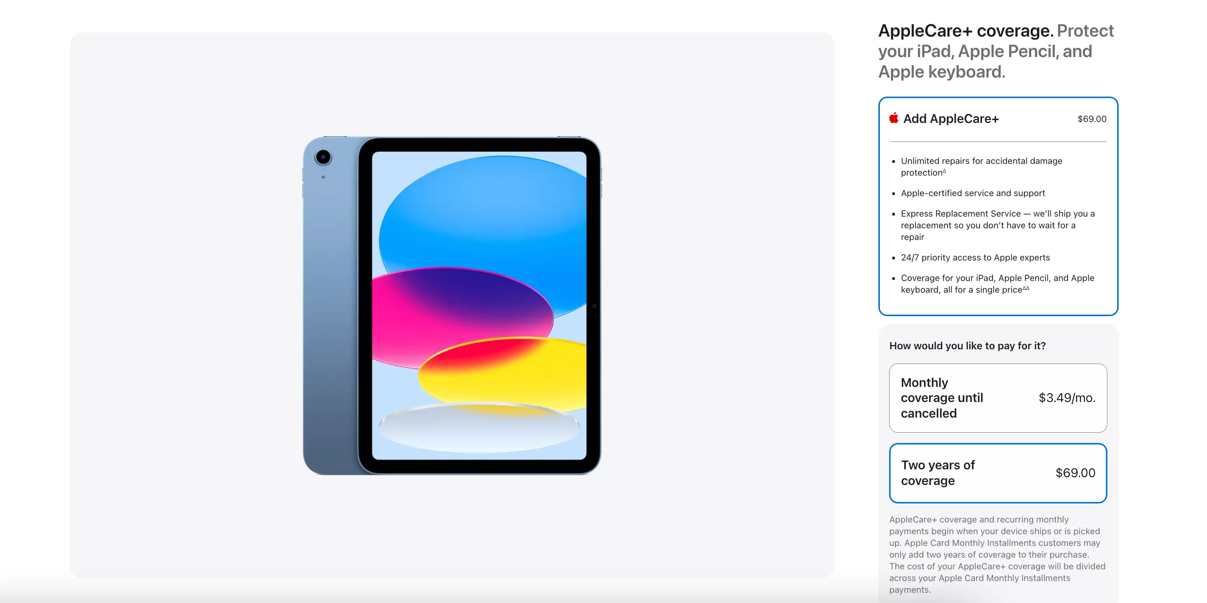Lựa chọn gói bảo hiểm AppleCare+ cho iPad trên website Apple với ưu tiên gói thuê bao hàng tháng