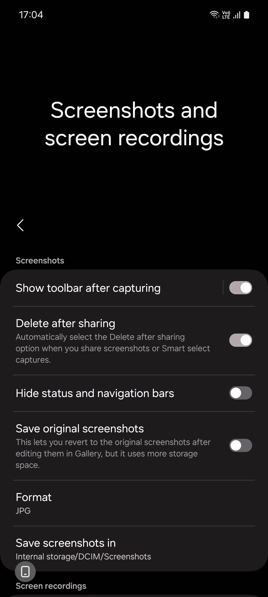 Màn hình cài đặt Ảnh chụp màn hình và ghi màn hình trong tính năng nâng cao của Samsung One UI.