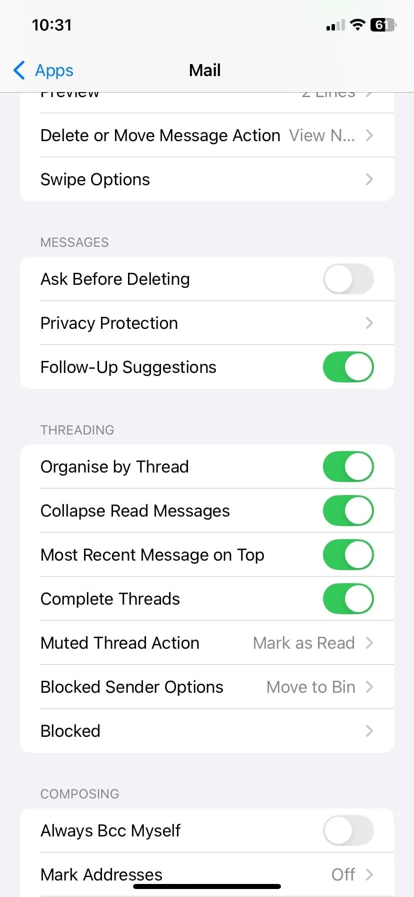 Màn hình cài đặt quyền riêng tư của ứng dụng Apple Mail trên iPhone, minh họa khả năng bảo vệ dữ liệu người dùng.
