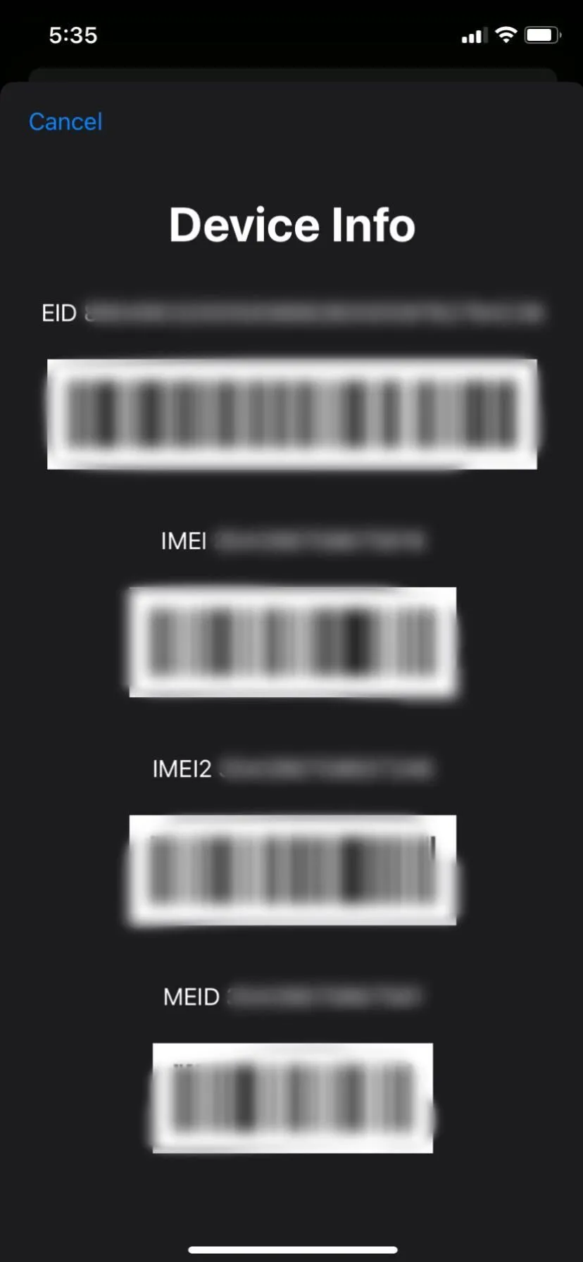 Màn hình iPhone hiển thị thông tin số IMEI, EID và MEID sau khi nhập mã *#06# để kiểm tra nhận dạng thiết bị.