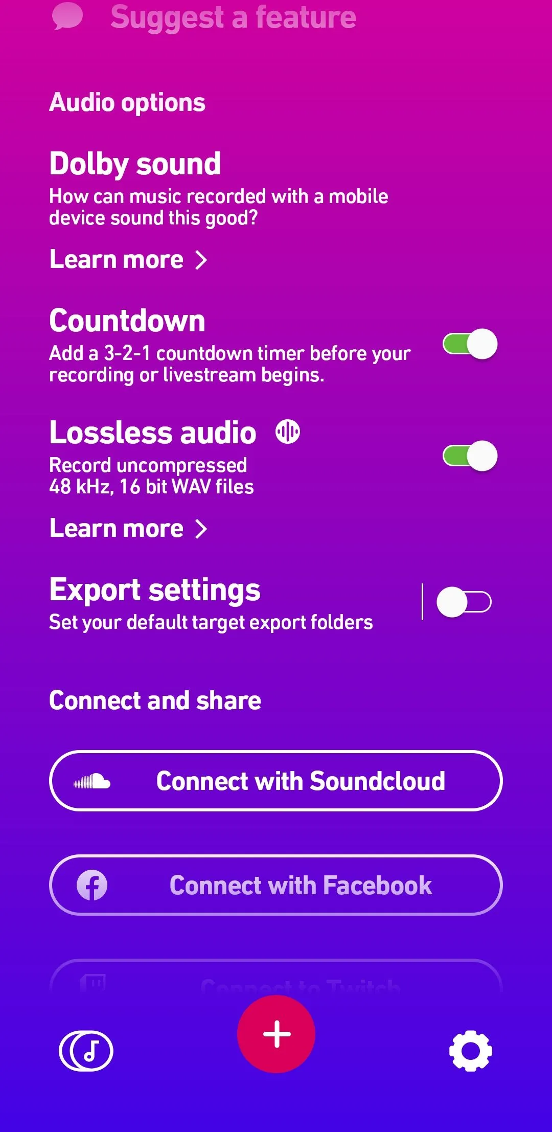 Menu cài đặt ứng dụng Dolby On với tùy chọn hẹn giờ ghi âm