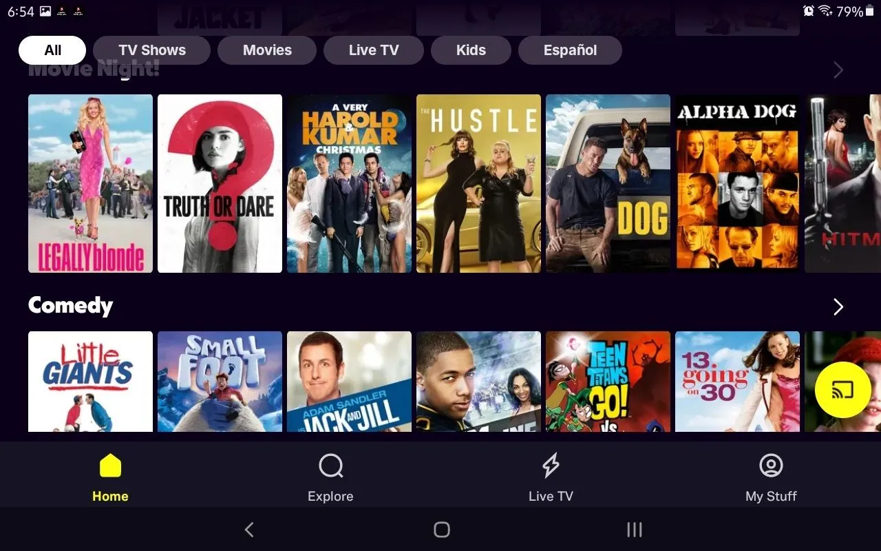 Menu chính của Tubi TV với lựa chọn phim, chương trình và kênh trực tiếp