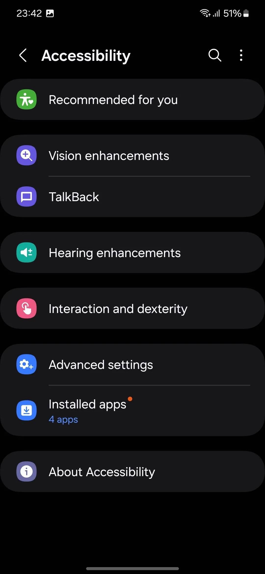 Menu Trợ năng trong cài đặt Samsung Galaxy
