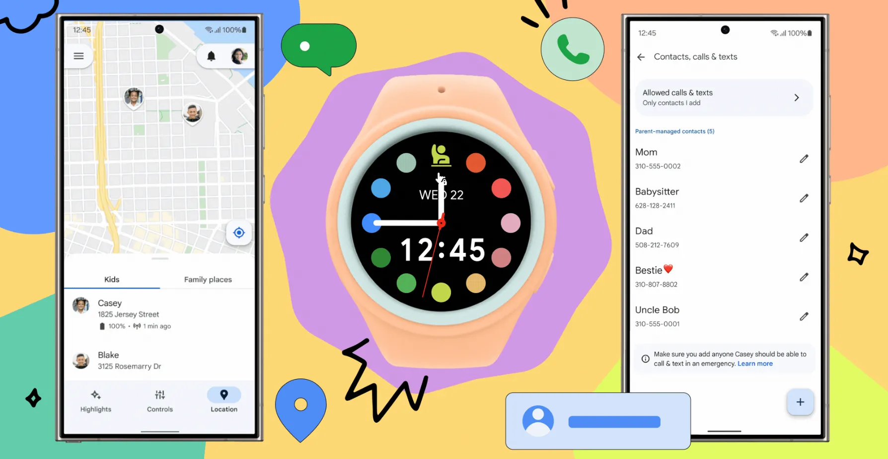 Samsung Galaxy Watch với giao diện Kid Mode hiển thị định vị và danh bạ, minh họa kết nối an toàn cho trẻ em