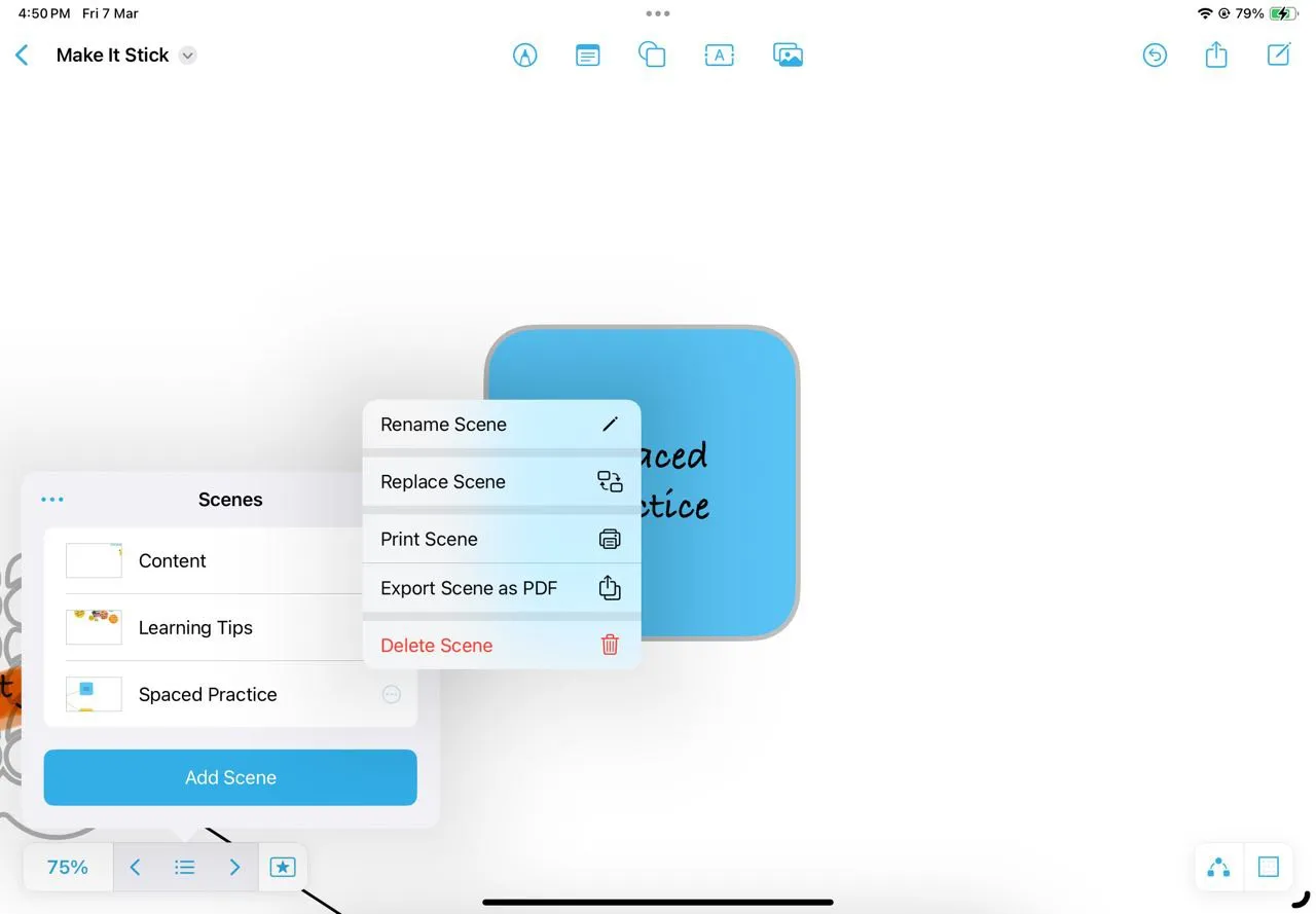 Sử dụng tính năng Scenes Navigator của Freeform để điều hướng nhanh chóng giữa các phần ghi chú sách quan trọng.