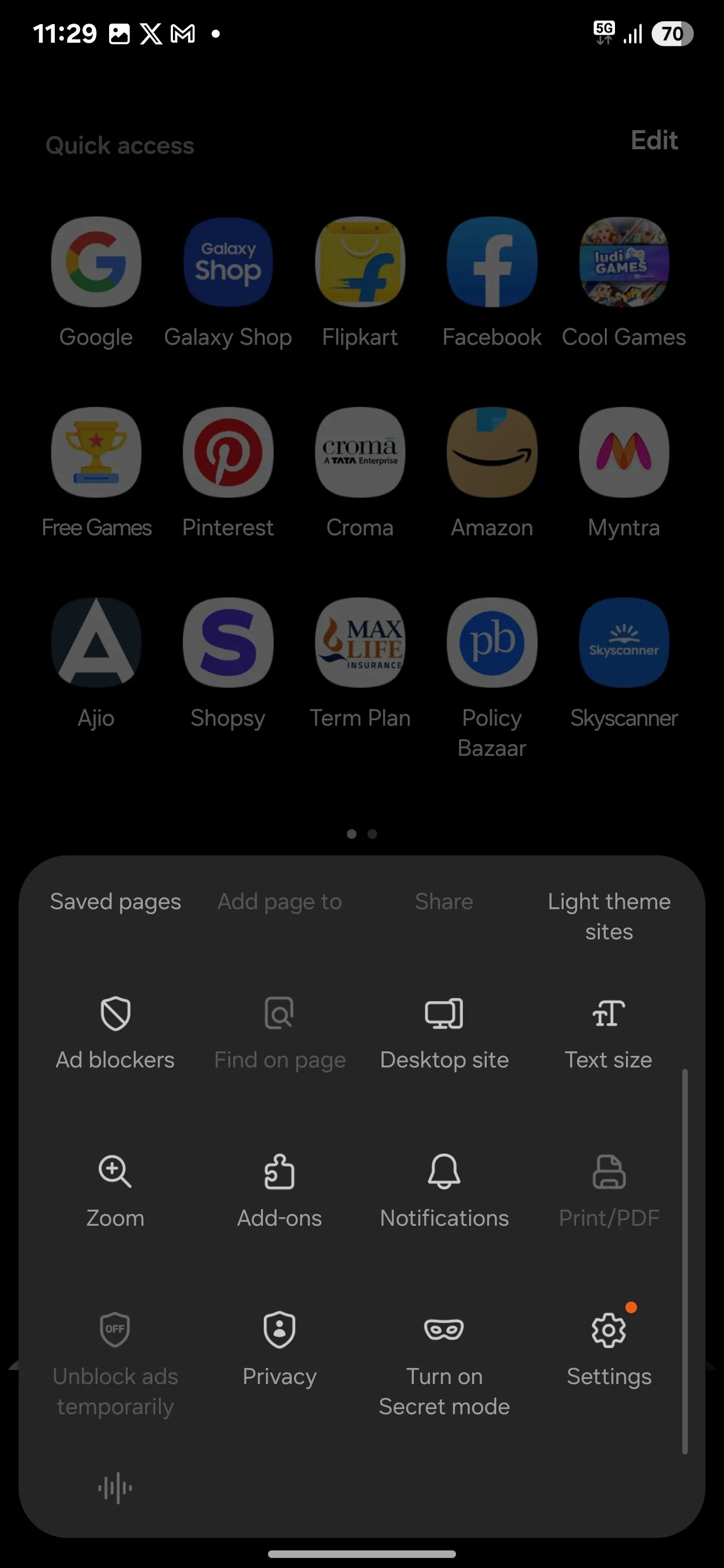 Tùy chọn menu của ứng dụng Samsung Internet