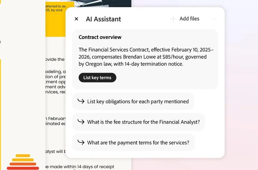 Adobe Acrobat AI liệt kê các thuật ngữ chính trong hợp đồng kèm giải thích đơn giản
