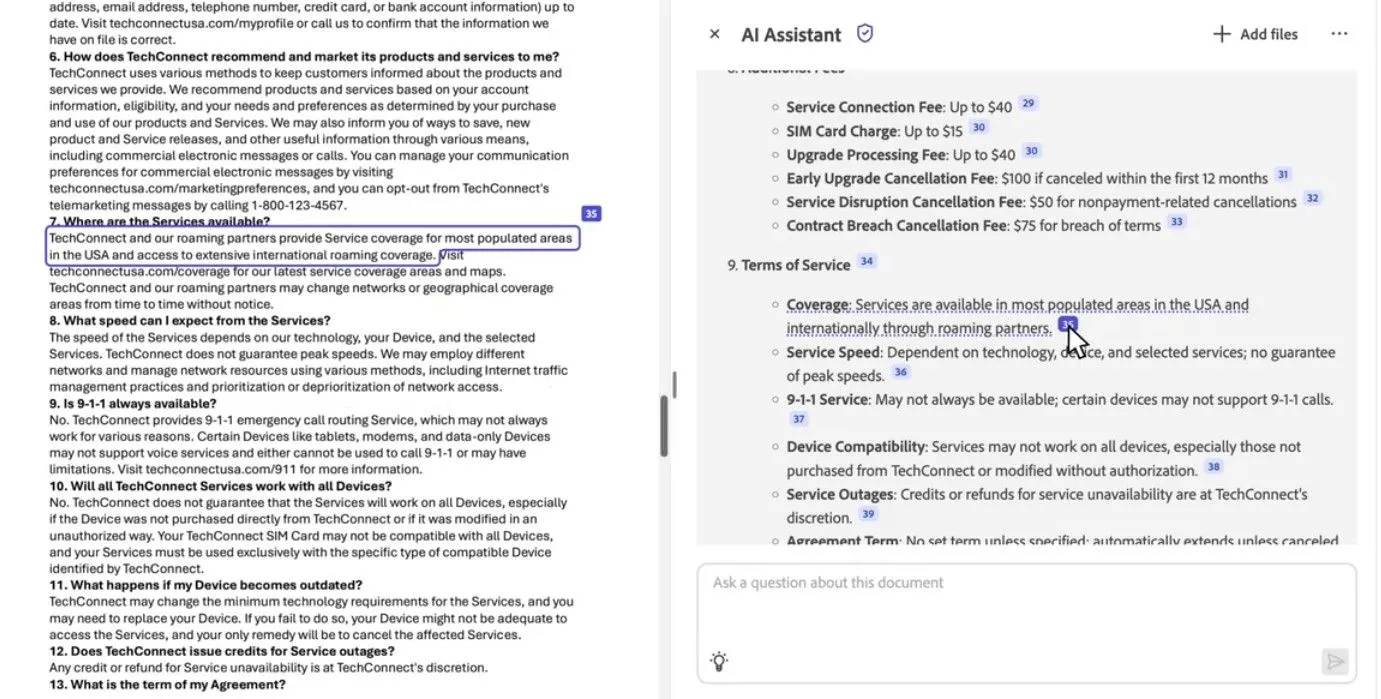 Adobe Acrobat AI tóm tắt hợp đồng và hiển thị trích dẫn cụ thể
