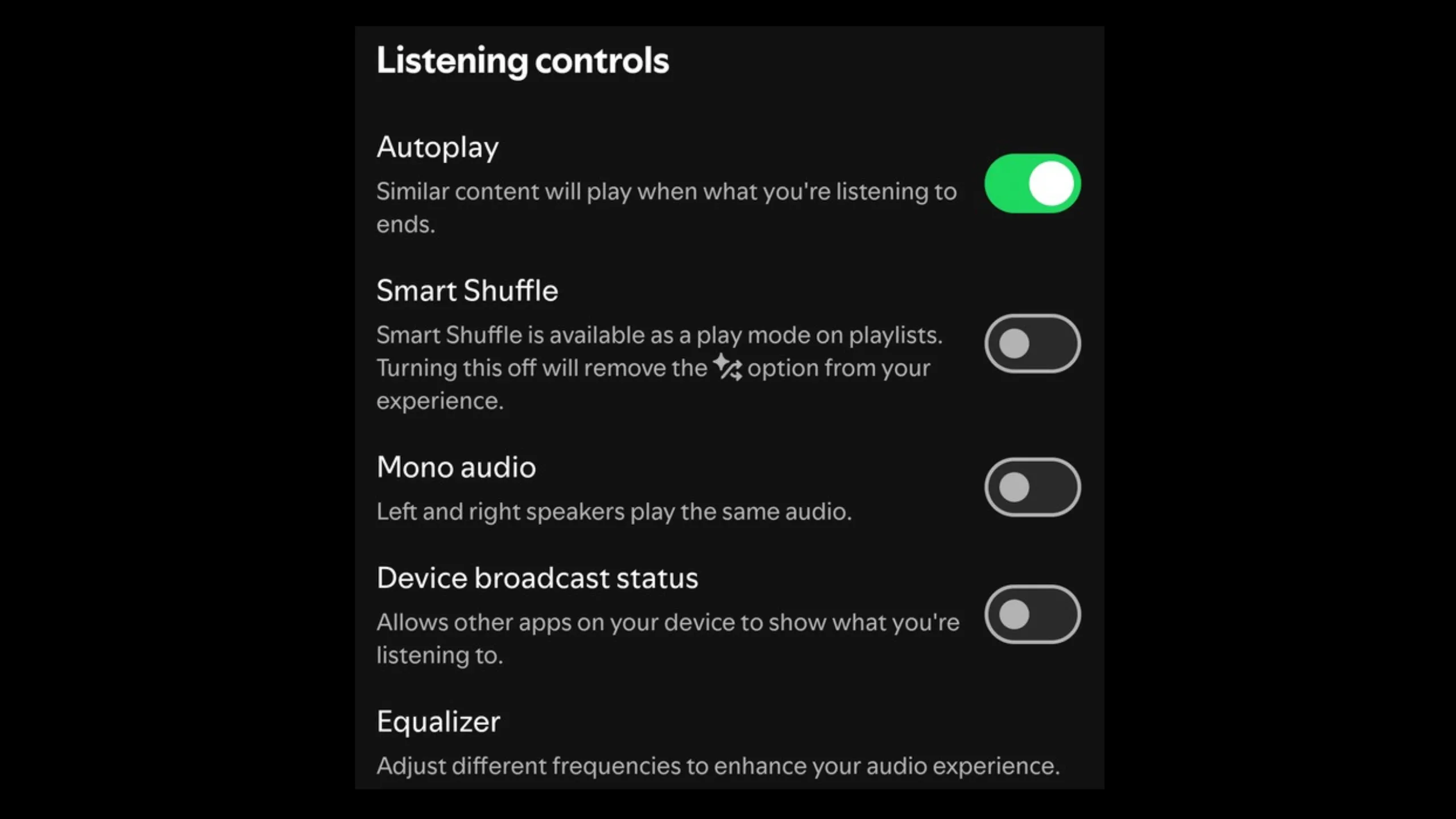 Ảnh chụp màn hình cài đặt Điều khiển Nghe nhạc trên Spotify với tùy chọn Smart Shuffle