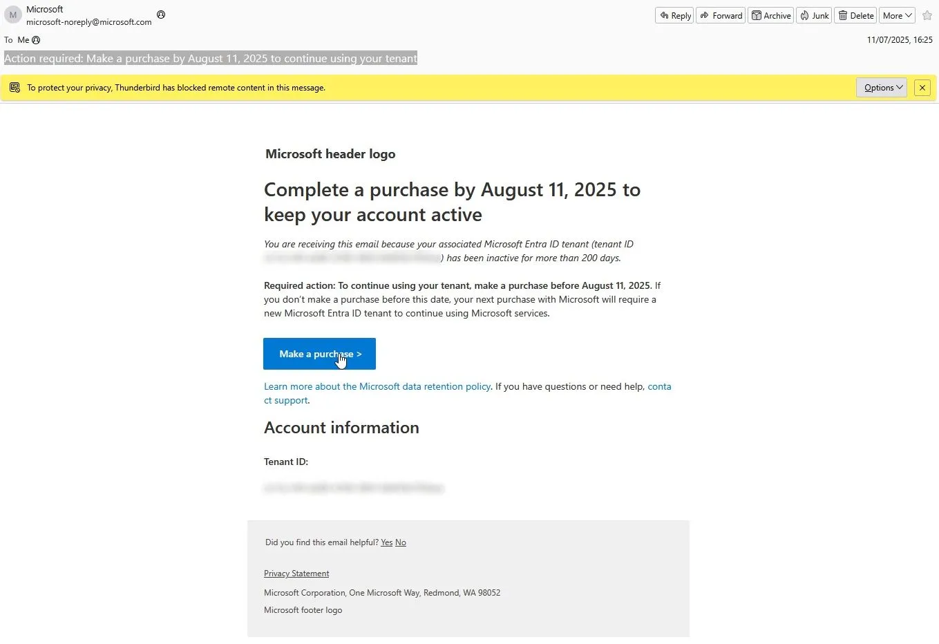 Ảnh chụp màn hình email cảnh báo Microsoft Entra ID yêu cầu kích hoạt tài khoản
