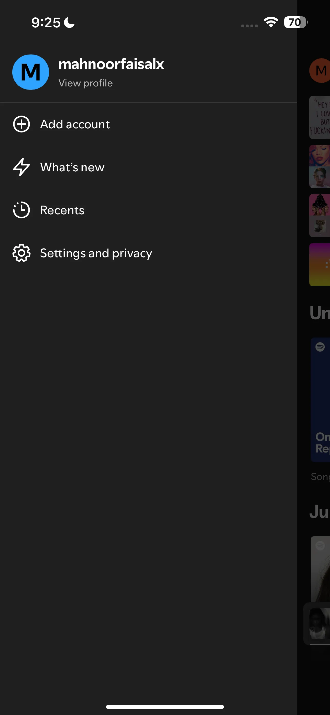 Ảnh chụp màn hình Spotify hiển thị tùy chọn Cài đặt và Quyền riêng tư