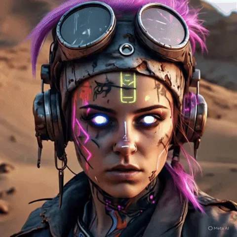 Ảnh động GIF một phụ nữ cyberpunk trong sa mạc hoang tàn chuyển động