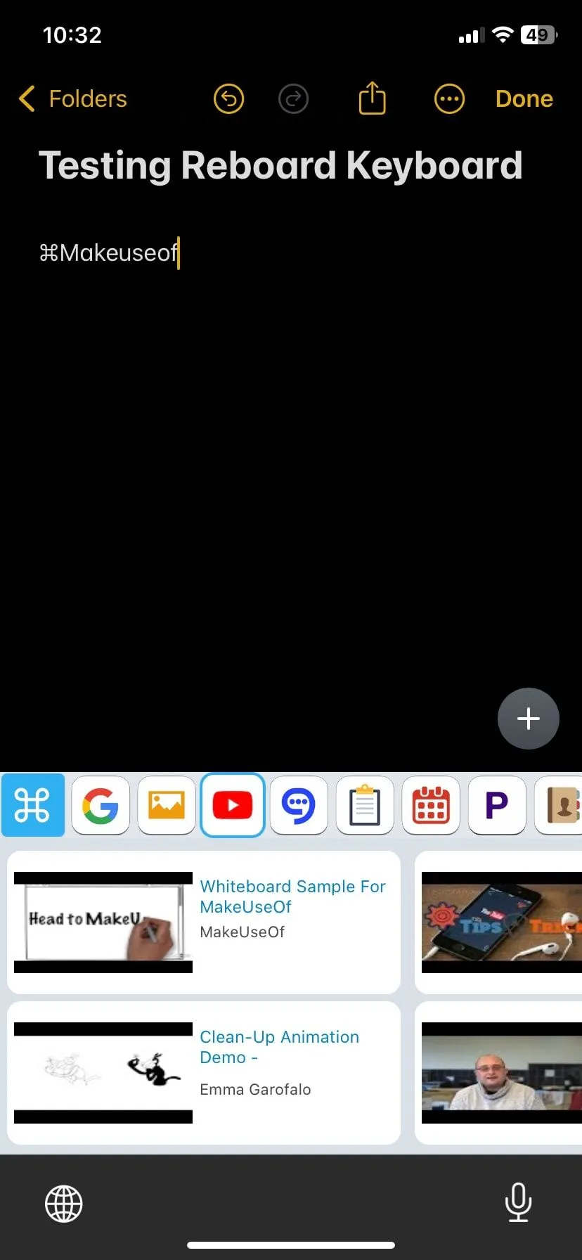 Bàn phím ReBoard hiển thị kết quả tìm kiếm YouTube tích hợp.