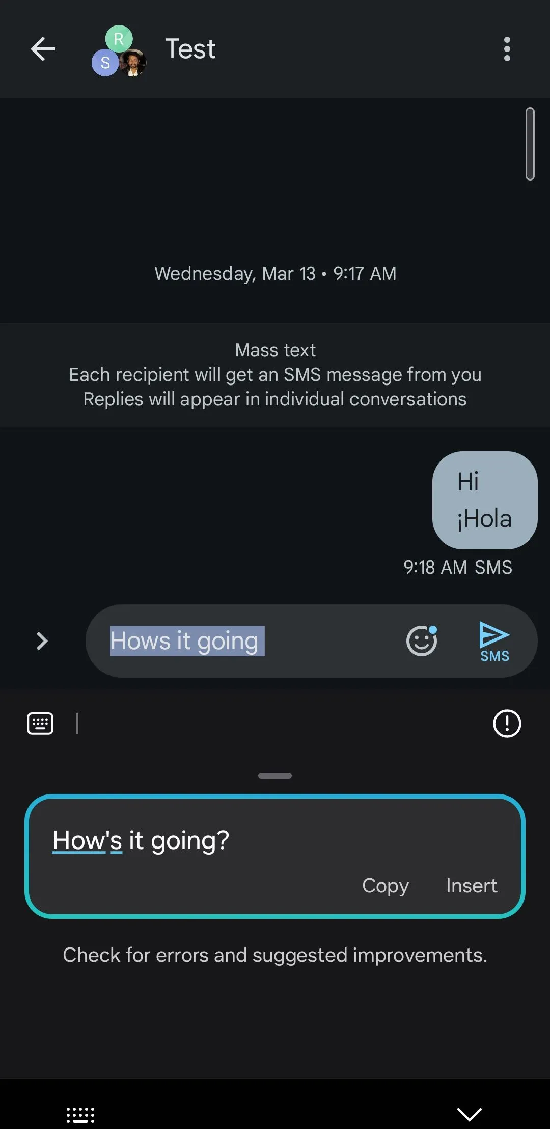 Bàn phím Samsung Keyboard sửa lỗi ngữ pháp tự động bằng Galaxy AI trên tin nhắn.