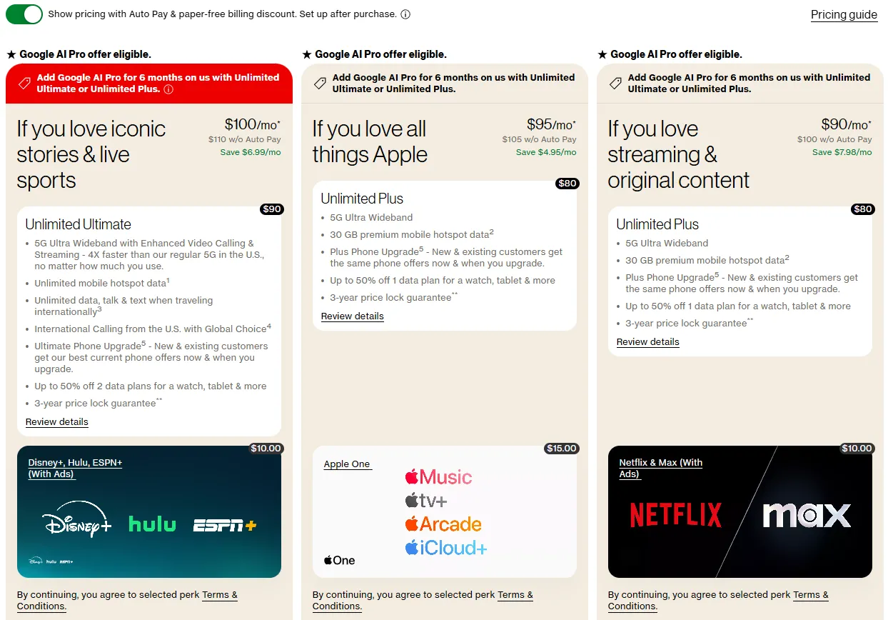 Bảng giá các gói cước di động đắt đỏ của nhà mạng Verizon, minh họa cho chi phí ẩn trong các gói &quot;không giới hạn&quot;