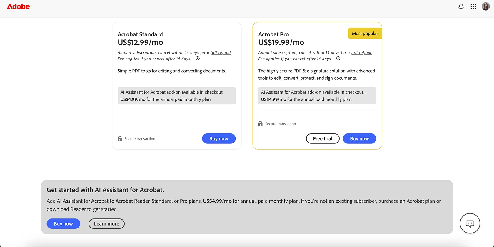 Bảng giá gói đăng ký Adobe Acrobat AI Assistant