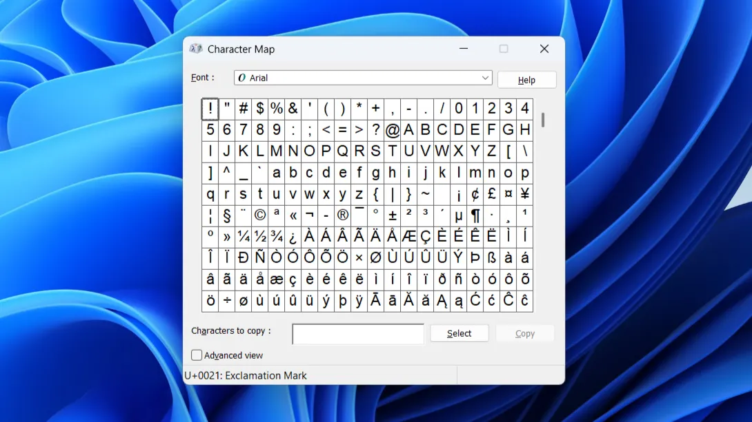 Bảng Ký Tự (Character Map) trên Windows 11, hiển thị nhiều loại ký tự đặc biệt có thể sao chép và sử dụng.