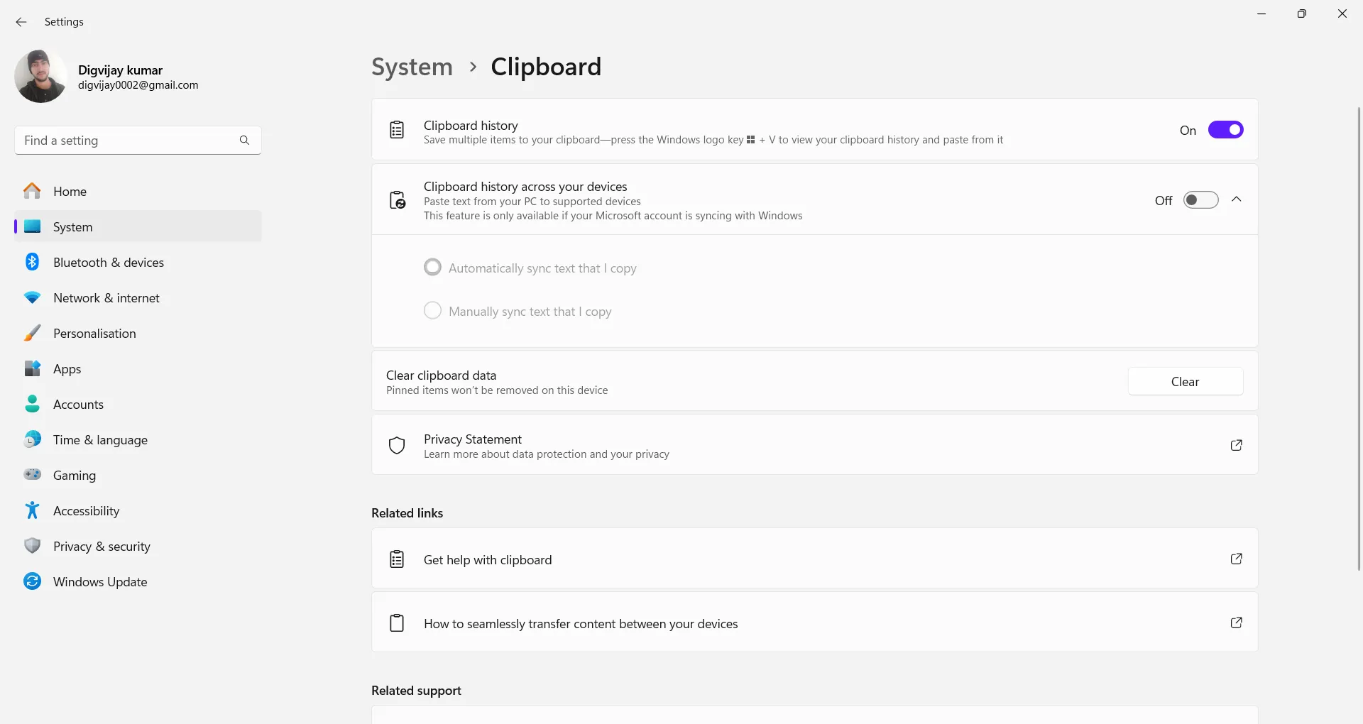 Bật lịch sử Clipboard trong menu Cài đặt