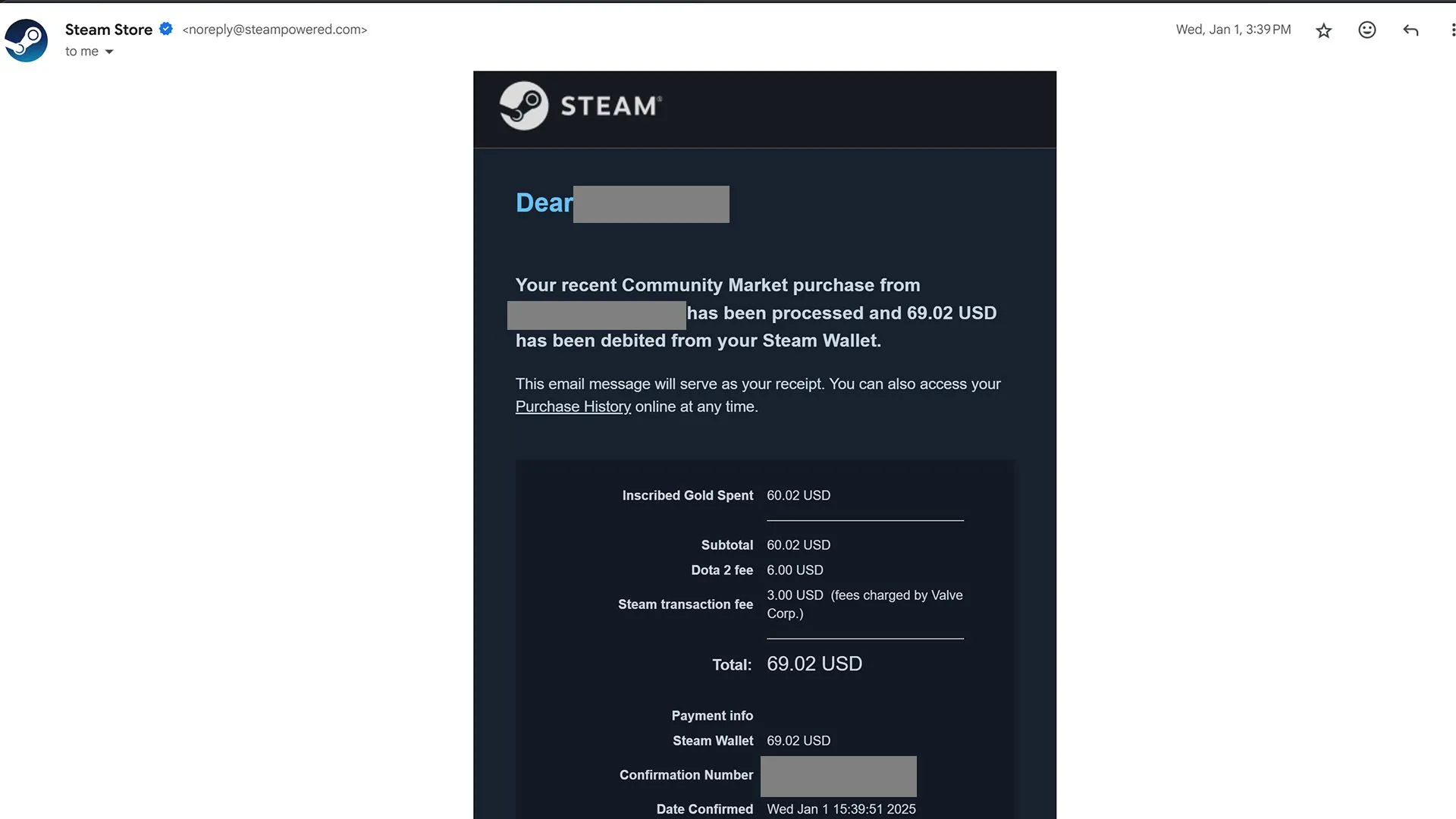 Biên lai giao dịch trên Steam Community Market được gửi qua email