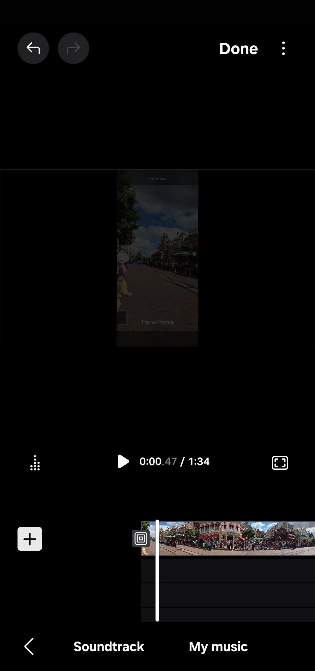 Biểu tượng âm nhạc (Music) ở góc dưới bên phải giao diện Samsung Studio, dùng để thêm nhạc nền cho video.