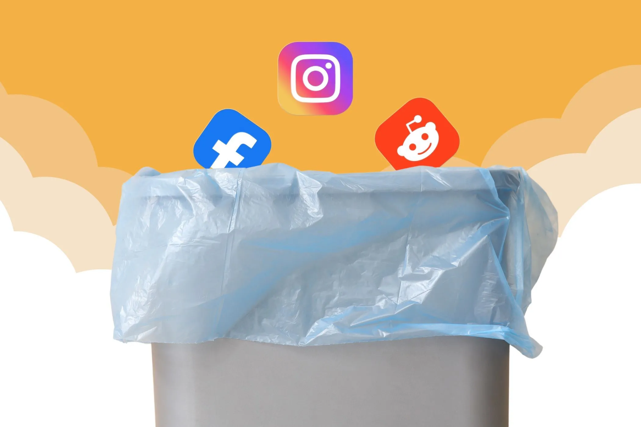 Biểu tượng các nền tảng mạng xã hội như Facebook, Instagram, Twitter được vứt vào thùng rác, thể hiện việc kiểm soát và hạn chế thời gian sử dụng, giống như mục tiêu của ứng dụng Steppin.