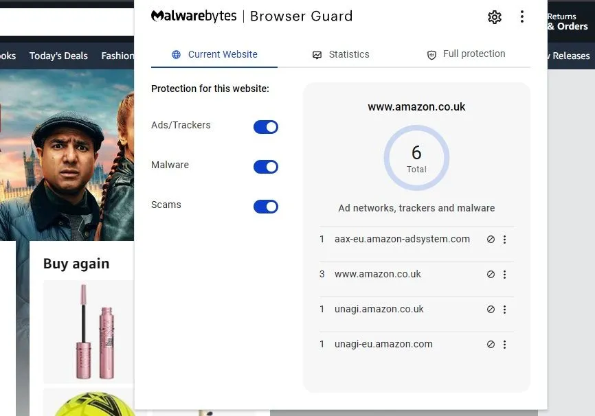Biểu tượng tiện ích Malwarebytes Browser Guard, một công cụ bảo vệ trình duyệt giúp ngăn chặn lừa đảo và các mối đe dọa khi mua sắm online.