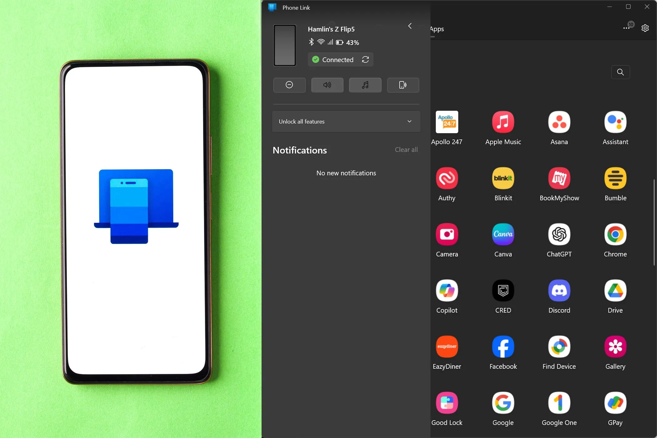 Biểu tượng ứng dụng Phone Link trên điện thoại Android và giao diện Phone Link trên Windows