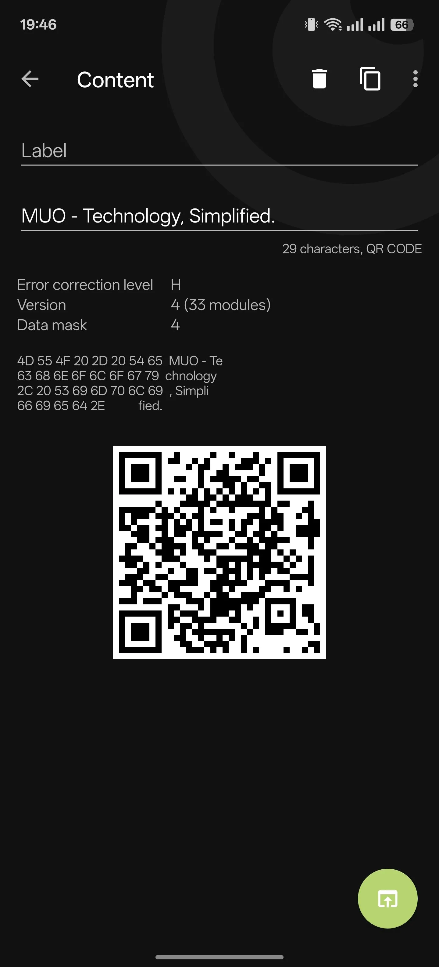 Binary Eye hiển thị nội dung của mã QR đã quét