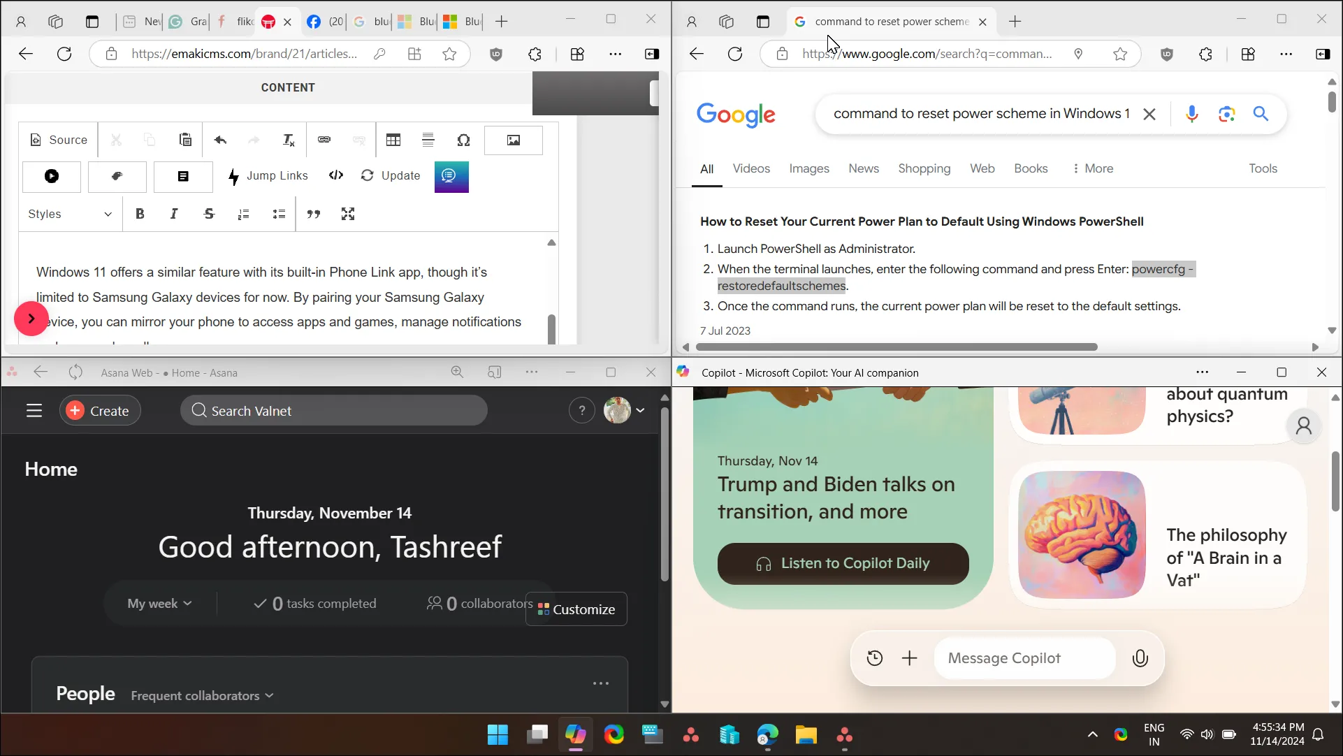 Bố cục Snap Layouts của Windows 11 với bốn cửa sổ ứng dụng được sắp xếp chia đều trên màn hình