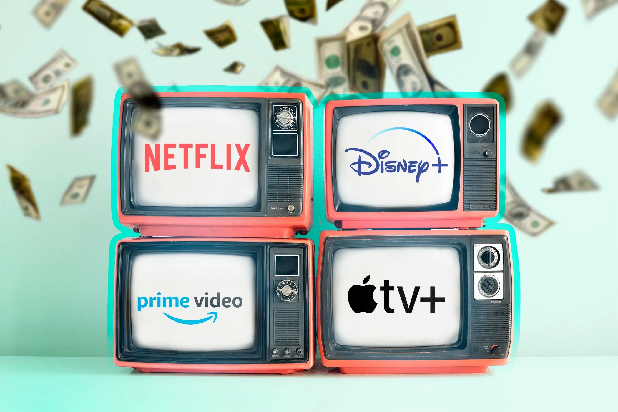 Bốn chiếc Smart TV hiển thị logo dịch vụ stream, cùng những tờ đô la đang rơi xuống, minh họa cách nhà sản xuất kiếm tiền từ dữ liệu xem của người dùng.