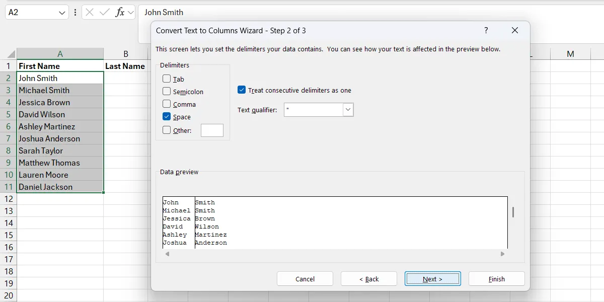 Bước 2 của quy trình chuyển đổi văn bản sang cột trong Excel