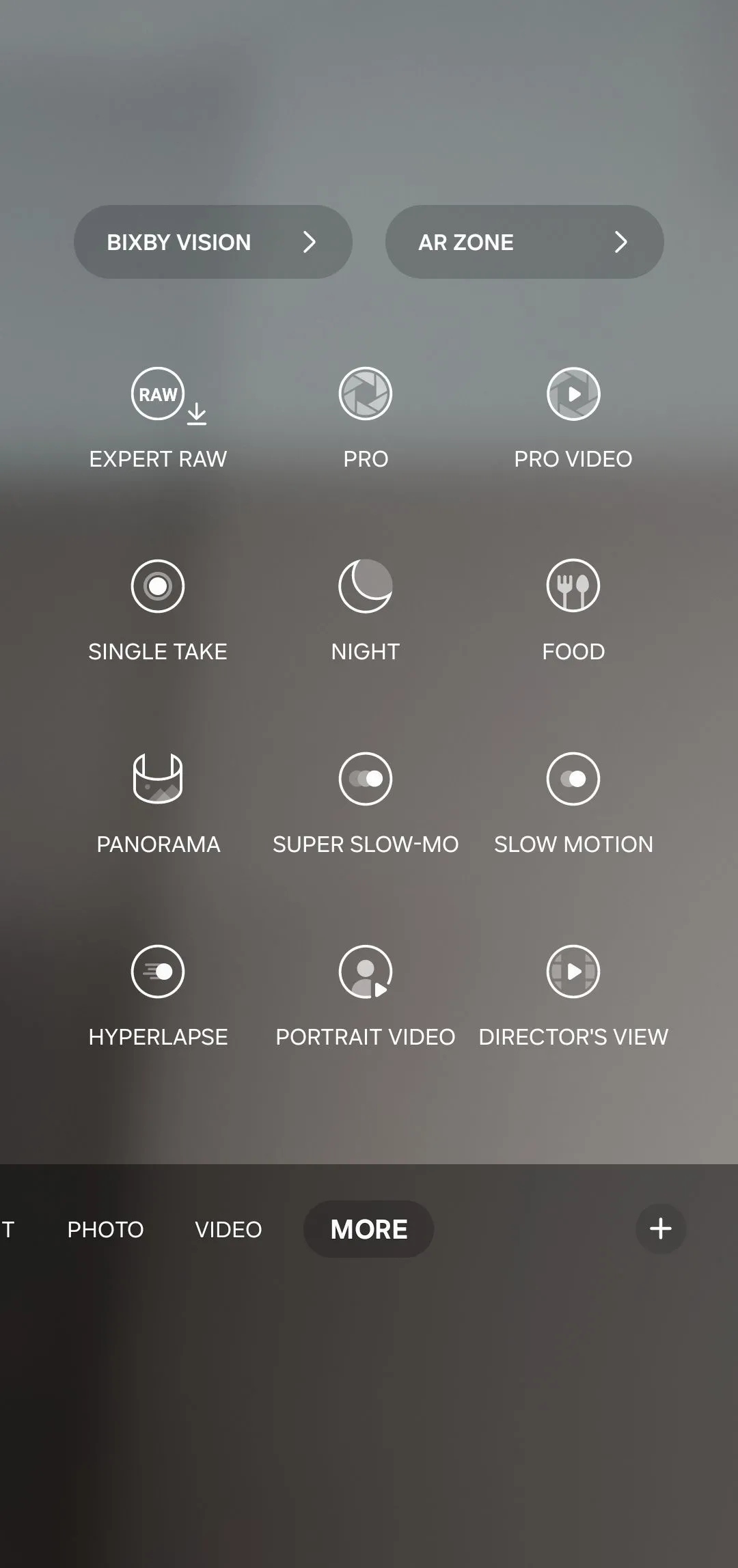 Các chế độ quay trong ứng dụng Camera Samsung, bao gồm chế độ Quay song song (Director's View)