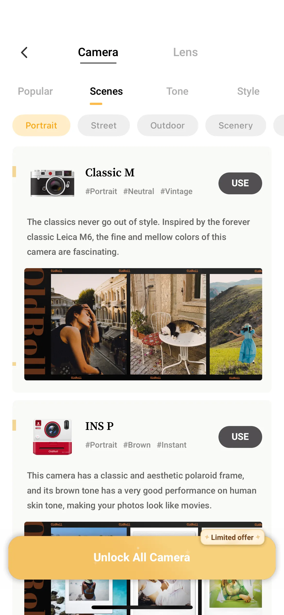 Các giao diện camera miễn phí trên ứng dụng OldRoll